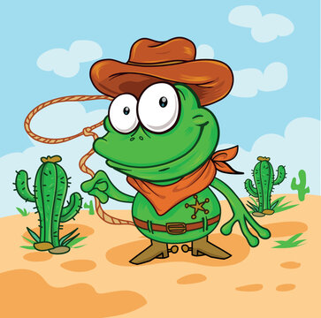 Cute Cartoon Frog Cowboy in a Western Town Vector Illustration