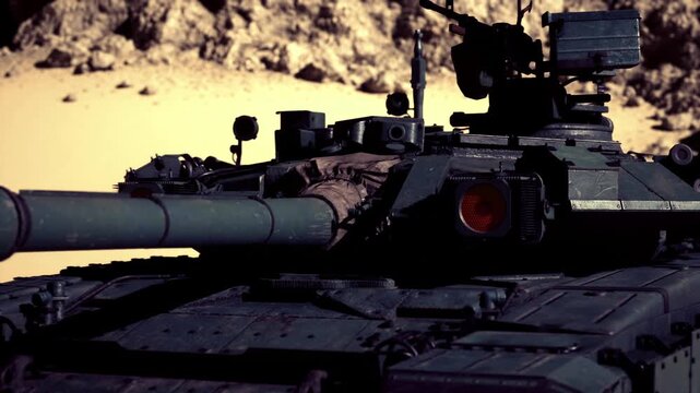 Staged tank ready for desert deployment, logistics vehicles and crew briefing implied, fuel drums and loadout visible, tactical coordination ahead of convoy
