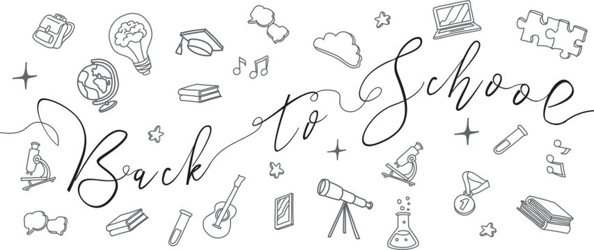 Educational horizontal banner with hand drawn school doodles and bold Back to School lettering. Vector graphic background