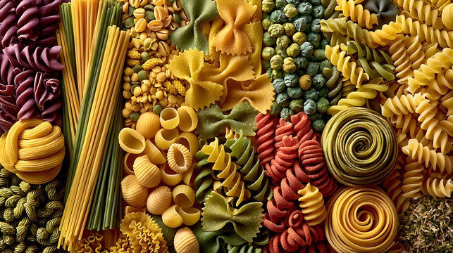 An assortment of colorful dried pasta shapes fills the frame