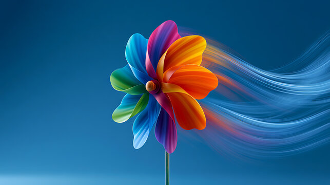 Colorful pinwheel spinning with blurred motion trails against a blue backdrop