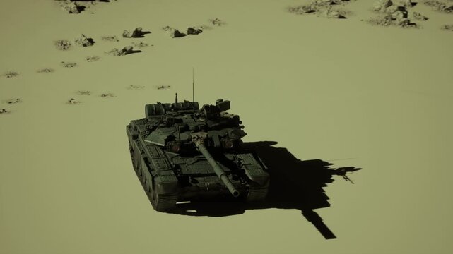 Armored vehicle positioned on strategic dune, tactical silhouette framed by long shadow, remote command implications, arid reconnaissance mood.