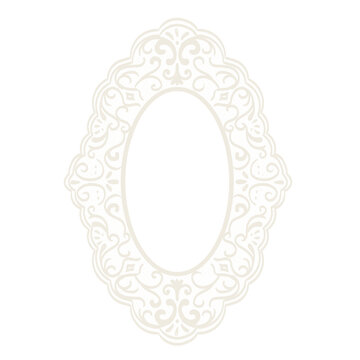 Lace elegant frame with squiggle line embroidery . Oval whimsical lace border in crochet style with decorative ornament. Vector whimsy victorian doily for scrapbooking, diary, wedding collage.