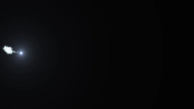 Fast white light streak with shimmering particle trail, glowing bokeh sparkles and flowing magic stars, elegant glitter line transition with soft luminous dust on black background 4k