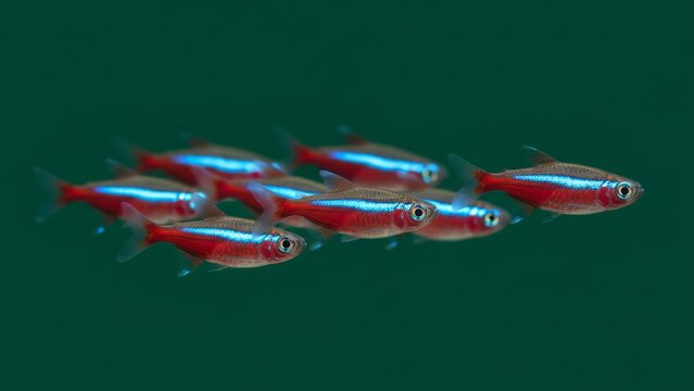 School of vibrant Cardinal Tetra fish (Paracheirodon axelrodi) swimming together against a dark green background