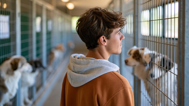 Young man working at an animal shelter while caring for rescued dogs, face turned away, animal welfare, volunteering, compassion, pet adoption, community service, with copy space