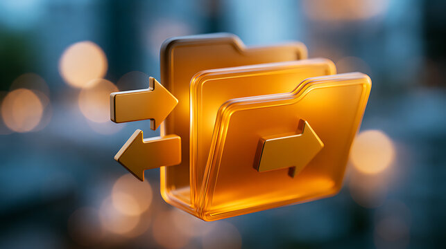 Golden folder icons with directional arrows represent data transfer and organization