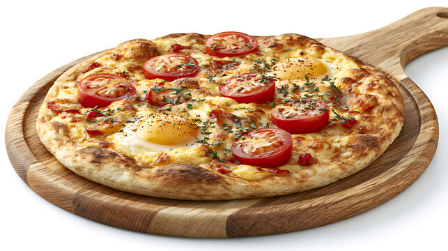 Egg and tomato flatbread pizza rests on a wooden serving board