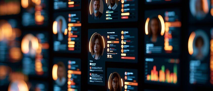 Futuristic digital interface displaying a female virtual identity profile with code and data screens, representing artificial intelligence, cybersecurity, digital identity, and advanced technology.