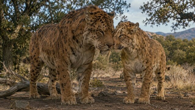 Two Saber-Toothed Cats Nuzzling in a Dry Rocky Landscape
