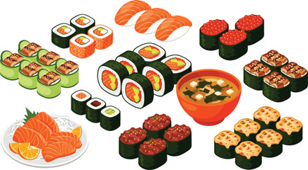 Japanese sushi rolls and sashimi food collection vector illustration set with nigiri maki roll and miso soup isolated on white © CREATIVE STUDIO BD