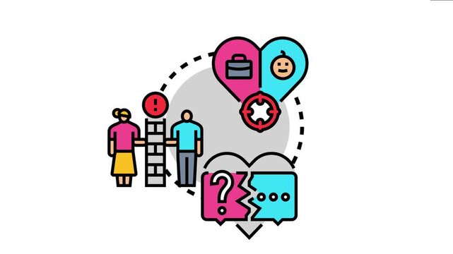 Marital status planning featuring people considering different life aspects like relationship issues, career goals, children, and making important family decisions