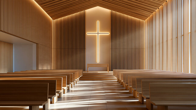 Empty contemporary church sanctuary with wooden pews arranged symmetrically toward a simple illuminated cross, serene atmosphere, faith, spirituality, architectural photography,