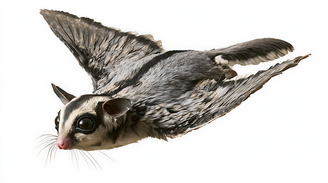 Sugar glider marsupial soars with outstretched gliding membrane on a white background