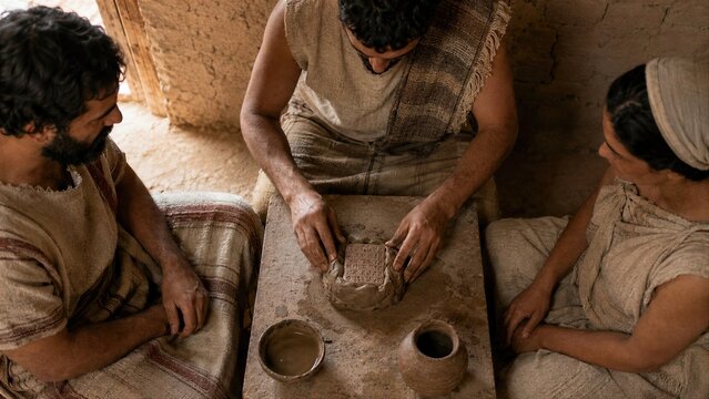 Three Ancient Mesopotamian People Examining a Clay Tablet