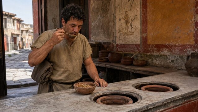 Ancient Roman Man Eating a Meal at a Street Tavern Counter