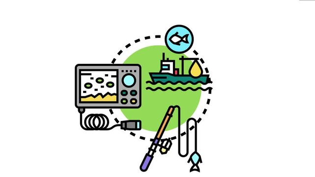 Marine fishing concept trawling method with a fishing boat, sonar device, and a rod catching fish, representing commercial and recreational angling activities