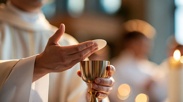 Anonymous priest raising a communion host above a ceremonial cup during a Christian service, hands in focus, Eucharist, worship, sacred ritual, reverence, with copy space