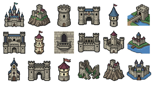 Set of various medieval castle and fortress icons in isometric pixel art style.
