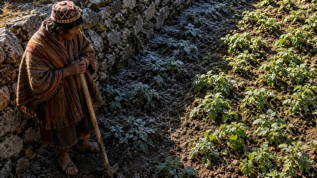 Farmer in Traditional Clothing Holding a Wooden Hoe in a Frosty Garden