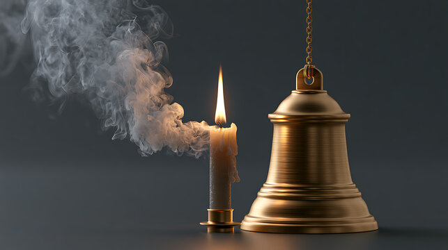 Golden bell extinguishing a lit candle creating a plume of white smoke