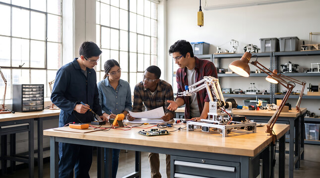 Diverse young engineers collaborating on a robotic arm project in a workshop, focusing on electronics assembly and technical schematics for advanced robotics and STEM education.