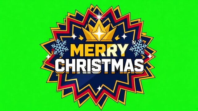 Animated Merry Christmas badge with crown and snowflakes on green screen