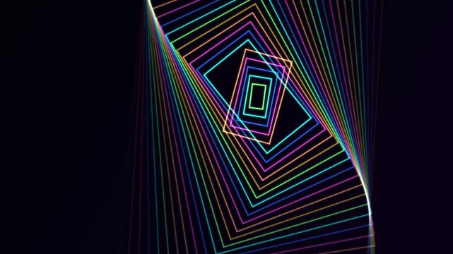 Abstract Neon Rainbow Rectangles Rotating in a Hypnotic Tunnel Motion