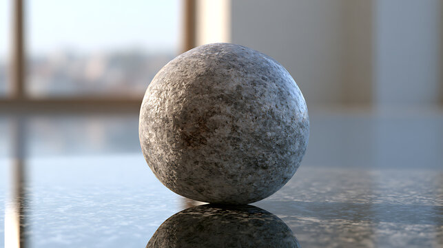 Gray stone sphere rests on a reflective surface with blurred interior backdrop