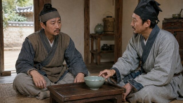 Two Men in Traditional Korean Clothing Discussing Over a Celadon Bowl