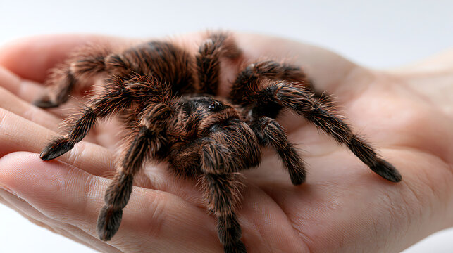Hairy tarantula spider rests on a human hand in a close up photograph