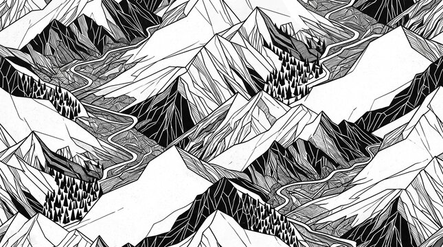 Intricate seamless pattern of geometric mountain peaks and winding rivers in black white.