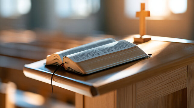 Close-up of a wooden church pulpit with an open Bible and small cross, bright natural light, Christian sermon, worship, religious leadership, spiritual teaching, with copy space