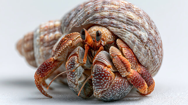 Hermit crab emerging from a shell on a white background