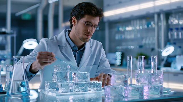 Scientist examines ice cubes in a modern laboratory setting with blue ambient lighting and selective focus