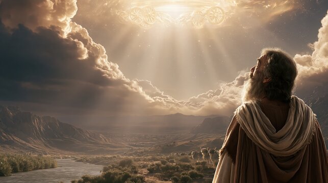 Ezekiel witnessing the heavenly throne above radiant wheels and living creatures beside the River Chebar.