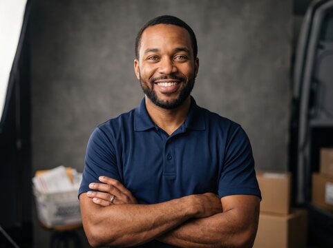 Smiling african american man with a beard wearing a navy blue polo shirt standing with arms crossed in a warehouse setting with cardboard boxes and a delivery vehicle in the background