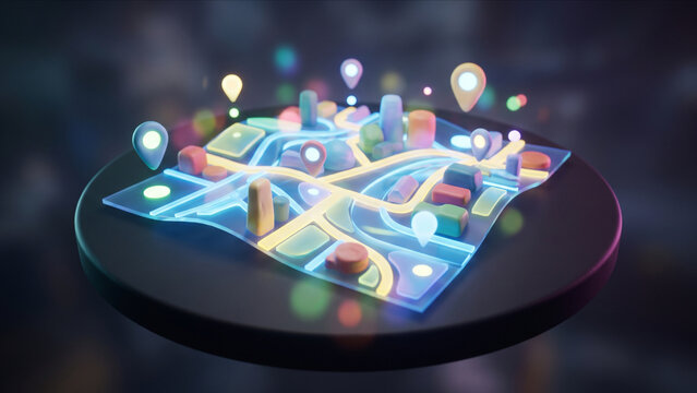 3Dミニチュア都市の地図と発光するナビゲーション経路のCG背景