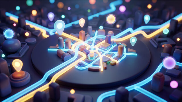 3Dミニチュア都市の地図と発光するナビゲーション経路のCG背景