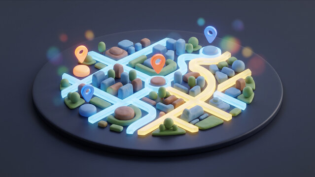 3Dミニチュア都市の地図と発光するナビゲーション経路のCG背景