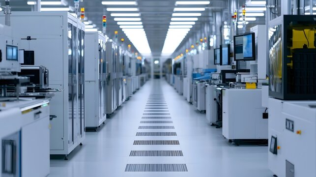 Long corridor of modern industrial equipment in a clean  brightly lit manufacturing facility with strong perspective lines