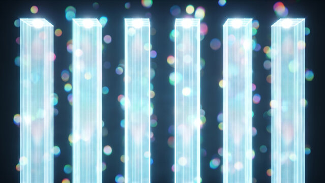 発光する垂直データ格子の頂点ノードと光子ボクセルが並ぶ3D背景