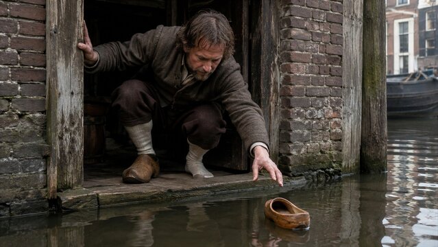 Man In Historical Clothing Reaching For A Floating Wooden Clog In A Canal