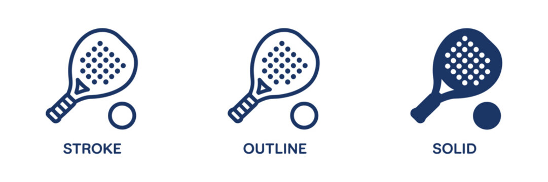 Padel icon with editable stroke, outline and solid styles representing padel, tennis, racket sport, competition, training, fitness, and recreation