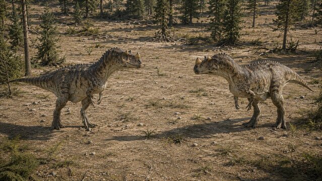 Two Horned Theropod Dinosaurs Facing Each Other in a Sunlit Forest Clearing
