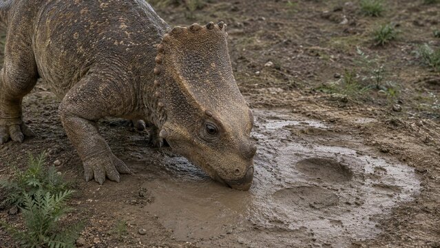 Juvenile Horned Dinosaur Drinking From a Muddy Puddle Track