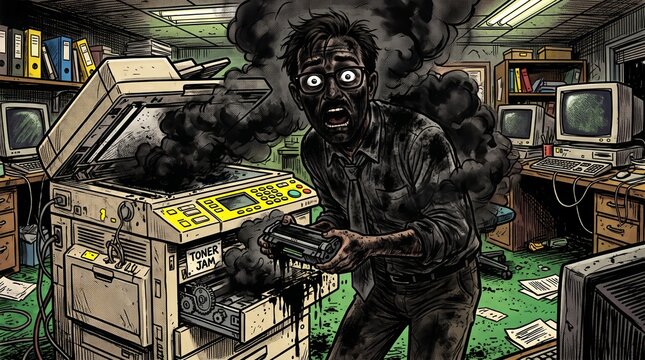Stressed Office Worker Covered in Black Exploding Toner Printer Jam