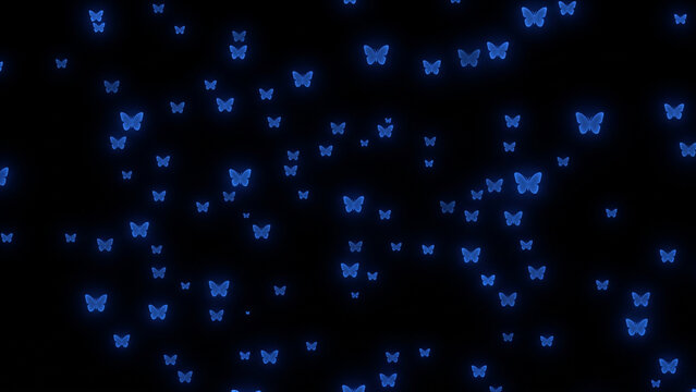 暗黒の真空空間に浮かぶ青い蝶アイコンと拡散光の3D背景
