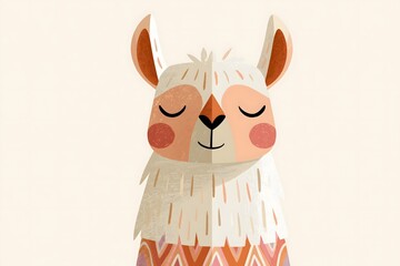Obraz premium Illustration of a cute llama with colorful geometric folk patterns on its neck. Playful, Scandinavian-style animal character art with soft pastel tones, perfect for nursery decor and prints.