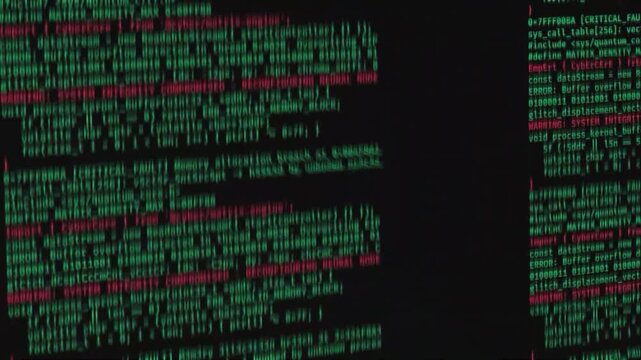 Programming code scrolling animation. Cyber security hack screen. System failure warning display. Hacker malware attack terminal. Red green glowing text. Dark perspective interface panel. video 4k